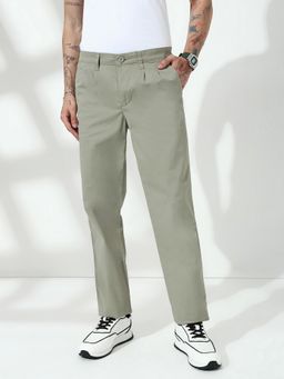necked - Light Green Straight Fit Cotton Pant