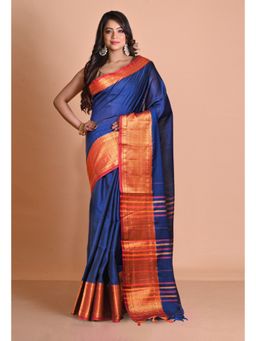Unnati Silks - Dark Blue Pure Narayani Cotton Saree with Unstitched Blouse