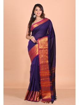 Unnati Silks - Navy Blue Pure Narayani Cotton Saree with Unstitched Blouse