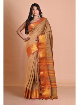 Unnati Silks - Beige Pure Narayani Cotton Saree with Unstitched Blouse