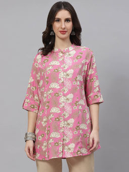 Divena - Light Pink Floral Rayon A-Line Shirts Style Top