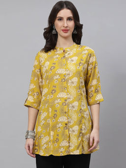 Divena - Mustard Floral Rayon A-Line Shirts Style Top