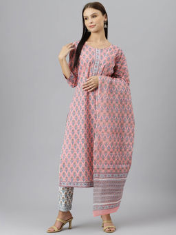 Divena - Pink and White Floral Printed Cotton Kurta Pant with Dupatta (Set of 3)
