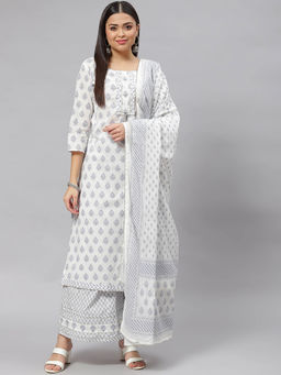 Divena - White Floral Straight Kurta Palazzo with Dupatta (Set of 3)