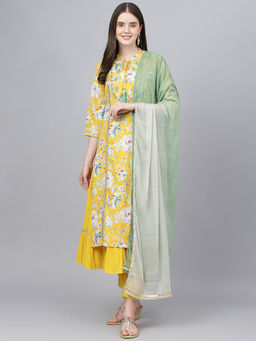 Divena - Yellow Cotton Kurta Pant with Nazneen Dupatta (Set of 4)