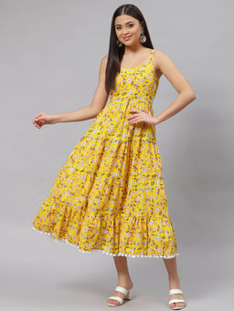 Divena - Yellow Floral Shoulder Strip Long Dress