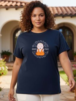Bewakoof - Women's Blue Inner Peace Graphic Printed Plus Size Boyfriend T-shirt