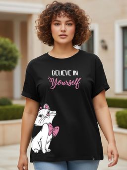 Bewakoof - Women's Black Believe Cat Graphic Printed Plus Size Boyfriend T-shirt