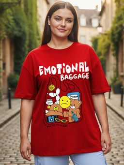Bewakoof - Women's Red Emotional Baggage Graphic Printed Oversized Plus Size T-shirt