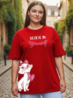 Bewakoof - Women's Red Believe Cat Graphic Printed Oversized Plus Size T-shirt