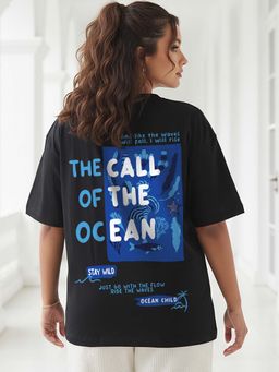 Bewakoof - Women's Black Ocean Child Graphic Printed Oversized Plus Size T-shirt