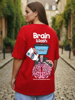 Bewakoof - Women's Red Brain Wash Graphic Printed Oversized Plus Size T-shirt