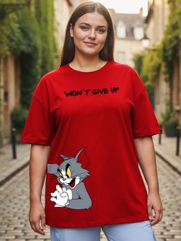 Bewakoof - Official Tom & Jerry Women's Red Tom Chase Graphic Printed Oversized Plus Size T-shirt