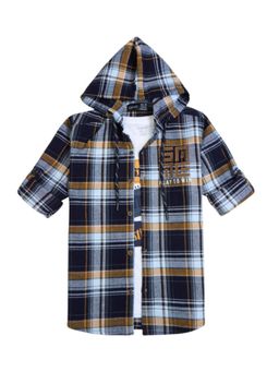 CAVIO - Boys Cotton Full Sleeves Checks Hooded Shirt & T-Shirt-Navy Blue