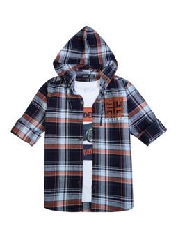 CAVIO - Boys Cotton Full Sleeves Checks Hooded Shirt & T-Shirt-Orange