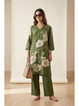 Jisora - Women's Olive Printed Russian Silk Co-Ord Set