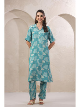 Jisora - Women's Blue Printed Russian Silk Co-Ord Set