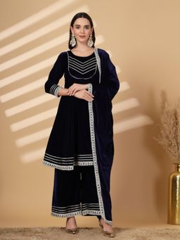 Clora Creation - Navy Blue Gotta Patti Velvet Kurta Palazzo With Dupatta