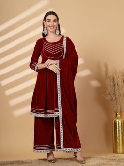 Clora Creation - Maroon Gotta Patti Velvet Kurta Palazzo With Dupatta