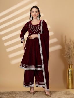Clora Creation - Wine Gotta Patti Velvet Kurta Palazzo With Dupatta