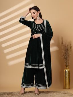 Clora Creation - Bottle Green Gotta Patti Velvet Kurta Palazzo With Dupatta