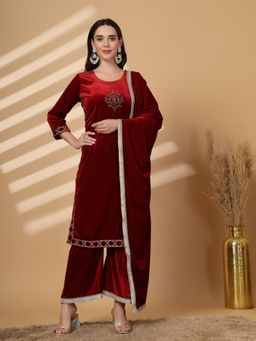 Clora Creation - Maroon Embellished Velvet Kurta Palazzo With Dupatta