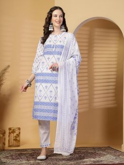 Clora Creation - White Printed Cotton Kurta Pant with Dupatta