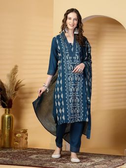 Clora Creation - Peacock Blue Printed Rayon Kurta Pant with Dupatta