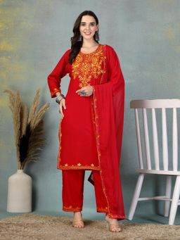 Clora Creation - Red Embroidered Rayon Kurta Pant with Dupatta