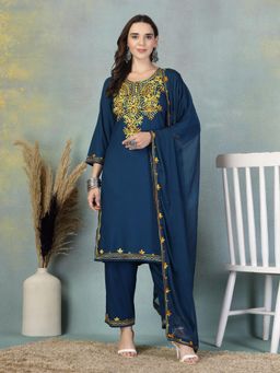 Clora Creation - Navy Blue Embroidered Rayon Kurta Pant with Dupatta