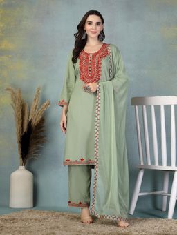 Clora Creation - Pista Green Embroidered Rayon Kurta Pant with Dupatta