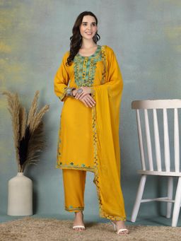 Clora Creation - Mustard Embroidered Rayon Kurta Pant with Dupatta
