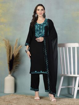 Clora Creation - Black Embroidered Rayon Kurta Pant with Dupatta
