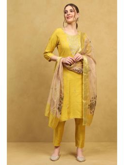 Rangriti - Women Yellow Viscose Blend Embroidered Straight Kurta Pant with Dupatta