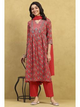 Rangriti - Women Brick Red Cotton Printed Gathered Kurta Pant with Dupatta