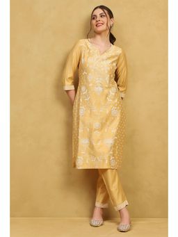 Rangriti - Women Yellow Viscose Blend Embroidered Straight Kurta and Pant