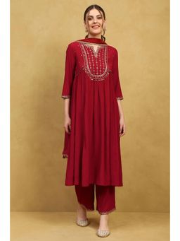 Rangriti - Women Red Viscose Blend Embroidered Flared Kurta Pant with Dupatta