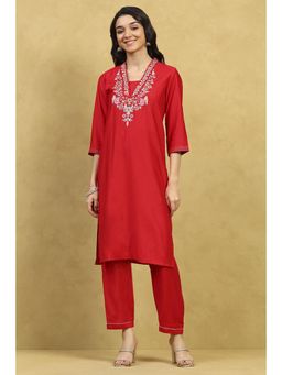 Rangriti - Women Red Polyester Embroidered Straight Kurta and Pant