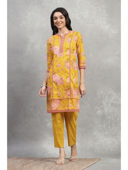 Rangriti - Women Yellow Cotton Printed Straight Kurta and Pant