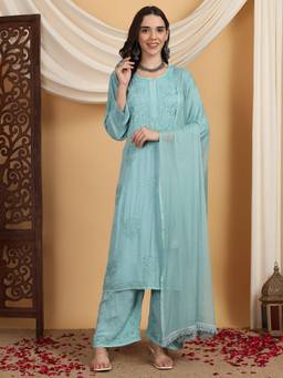 Poshak Chikan Studio - Women's Lucknowi Chikankari Modal Kurta Palazzo with Dupatta