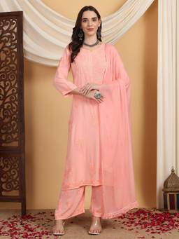 Poshak Chikan Studio - Women's Lucknowi Chikankari Modal Kurta Palazzo with Dupatta
