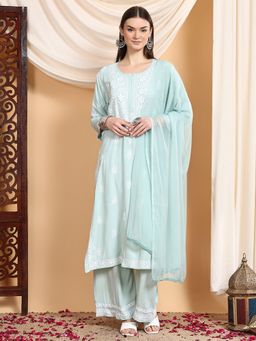 Poshak Chikan Studio - Women's Lucknowi Chikankari Rayon Kurta Palazzo with Dupatta