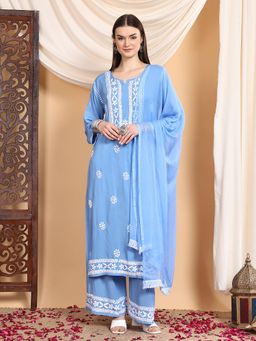 Poshak Chikan Studio - Women's Lucknowi Chikankari Modal Kurta Palazzo with Dupatta