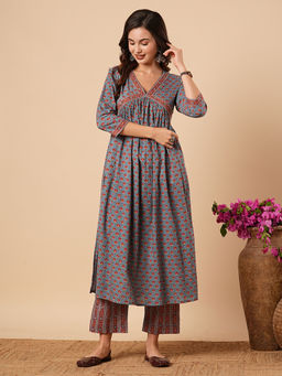 FASHOR - Women Floral Printed Grey A-Line Kurta with Pant (Set of 2)