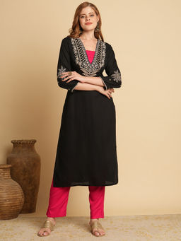 FASHOR - Women Embroidered Black Straight Kurta with Pant (Set of 2)