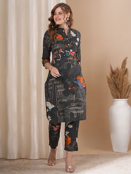 FASHOR - Women Floral Printed Green Straight Kurta with Pant (Set of 2)