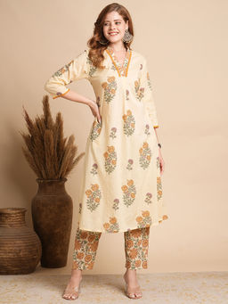 FASHOR - Women Floral Lace Work Yellow A-Line Kurta with Pant (Set of 2)