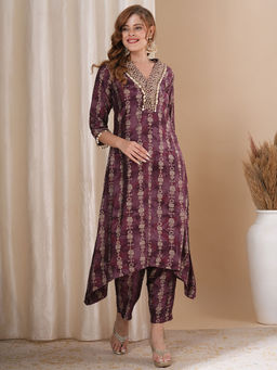 FASHOR - Women Mirror Work Printed Purple A-Line Kurta with Pant (Set of 2)