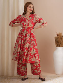 FASHOR - Women Floral Printed Red A-Line Kurta with Palazzo (Set of 2)