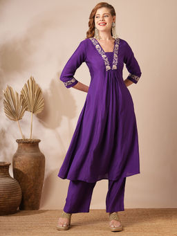 FASHOR - Women Solid & Embroidered Purple A-Line Kurta with Pant (Set of 2)